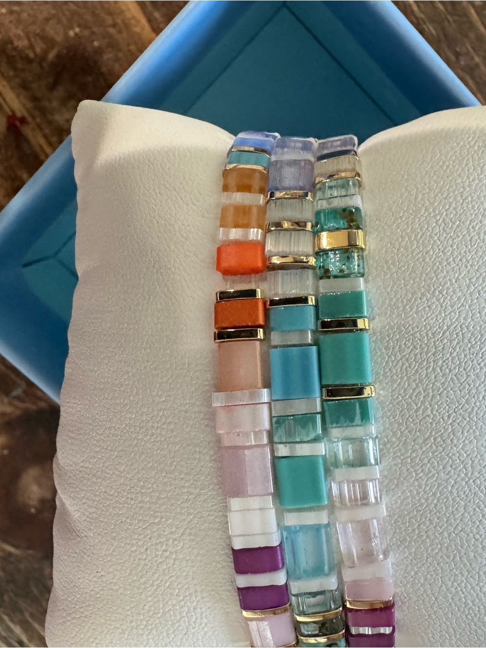 Multicolor trio of Tile Bead Stretch Bracelet Set with Gold Accents/ cute& comfy